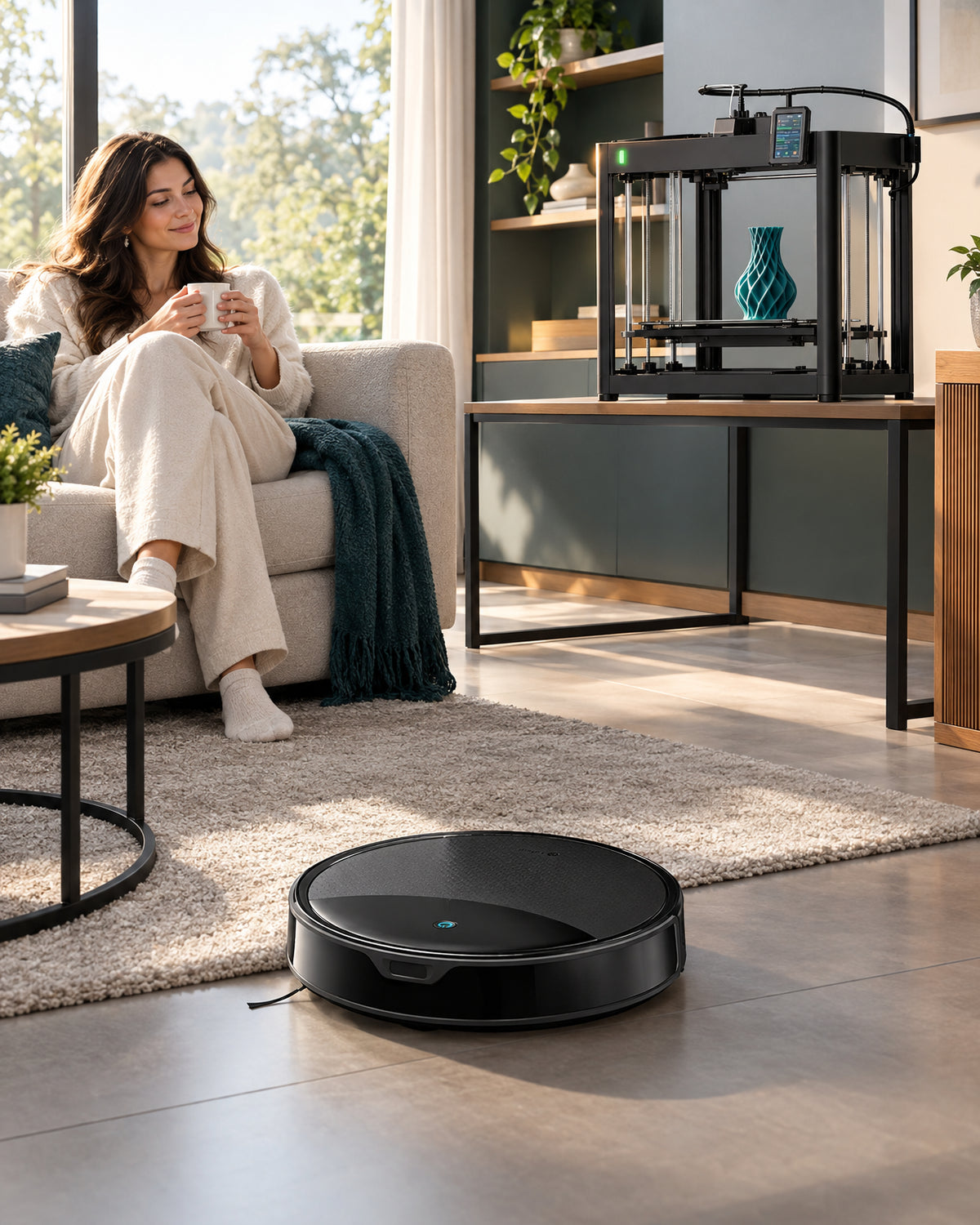 Modern living room with a robot vacuum gliding across dark hardwood floors