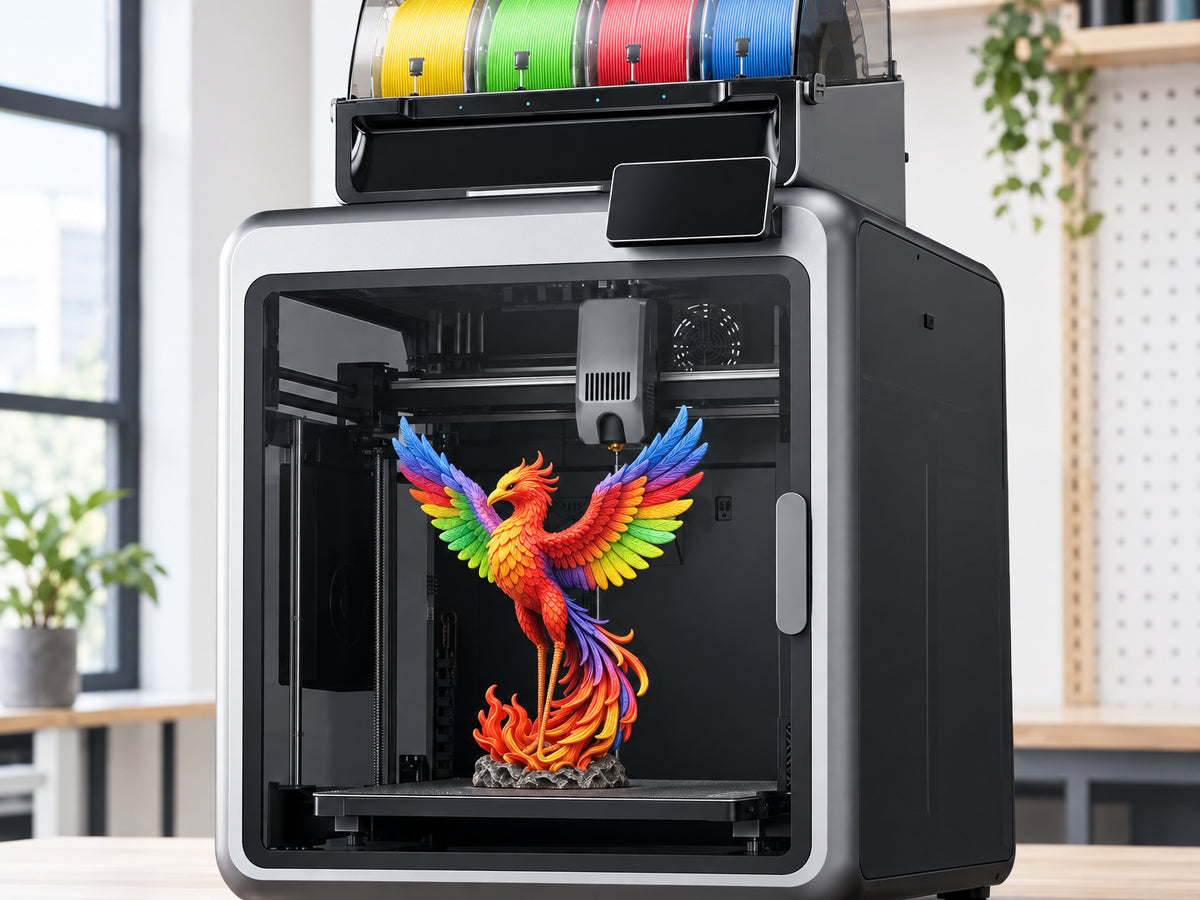 Multicolor 3D Printer Engineered, close-up of a detailed multicolor figurine mid-print on the bed