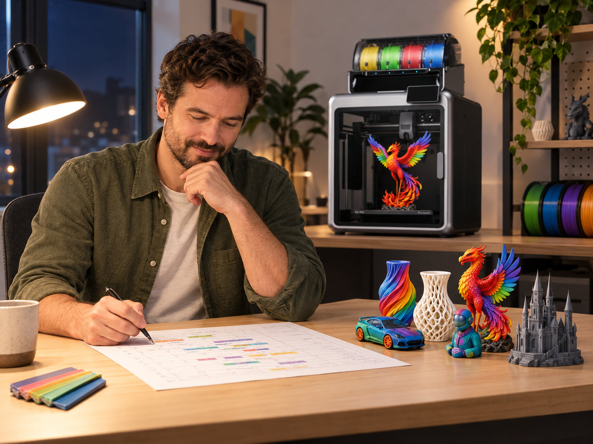 Multicolor 3D Printer Engineered, person seated at a desk with a printed build schedule spread out