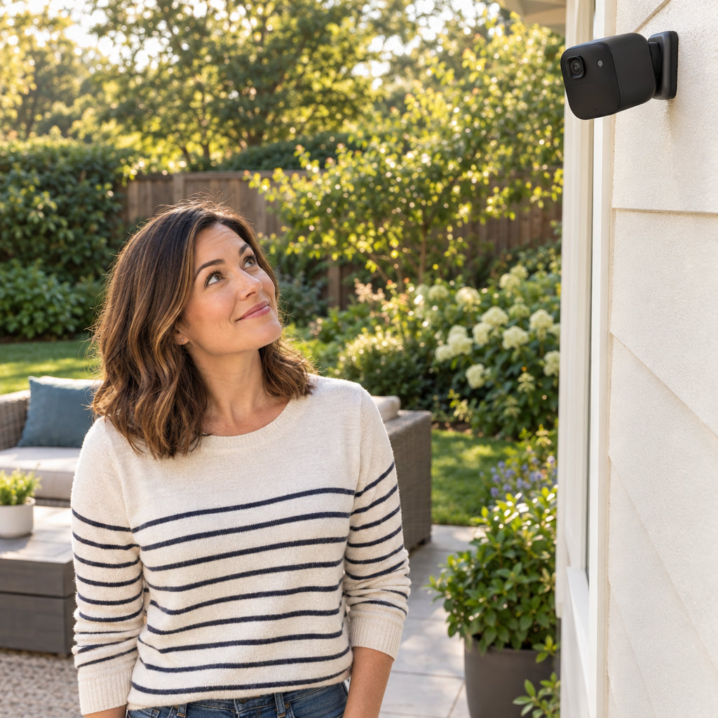 Wireless Outdoor Security Camera Designed, woman glancing up at mounted camera on exterior wall with a satisfied
