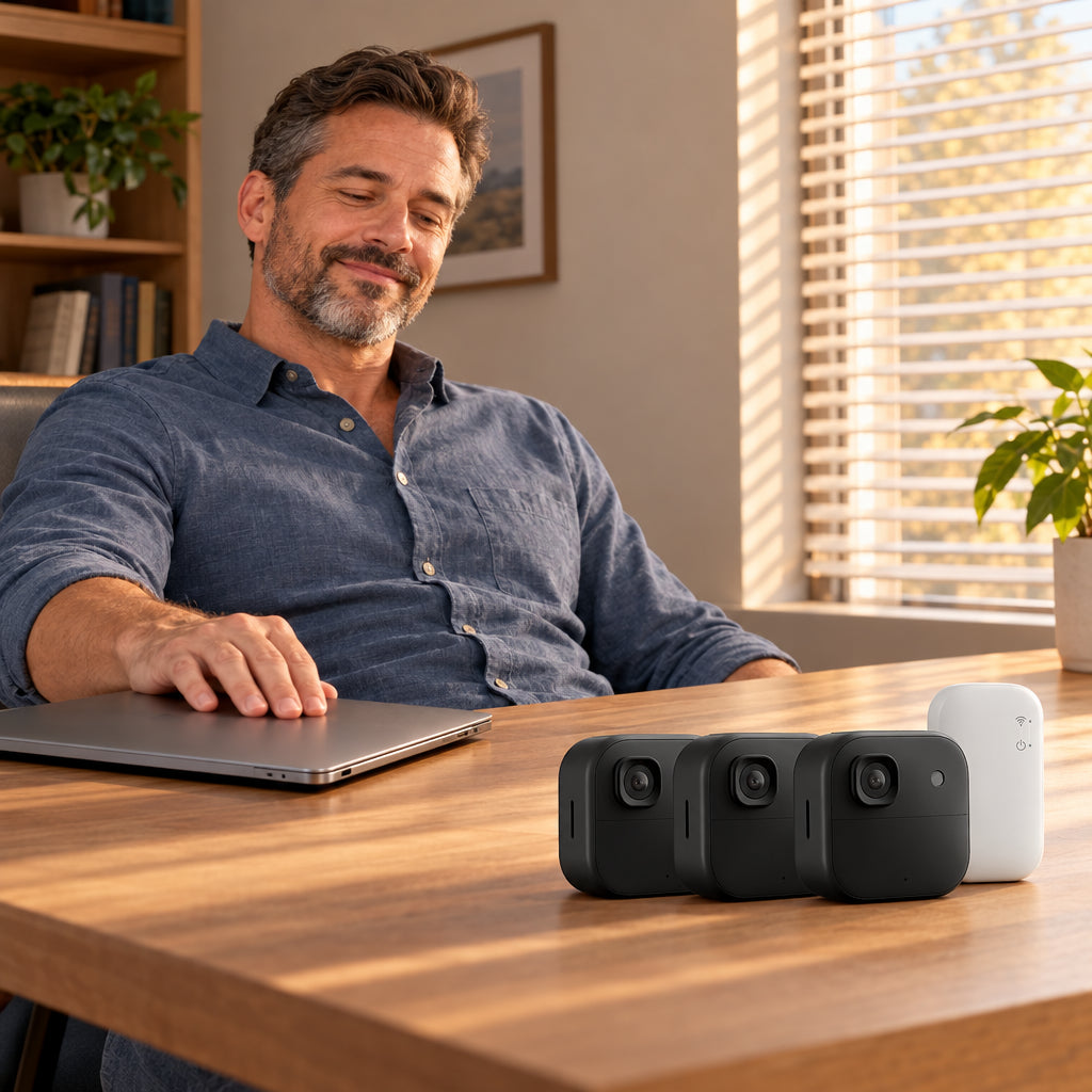 Wireless Outdoor Security Camera Designed, man closing a laptop with a decisive, satisfied expression, home office desk