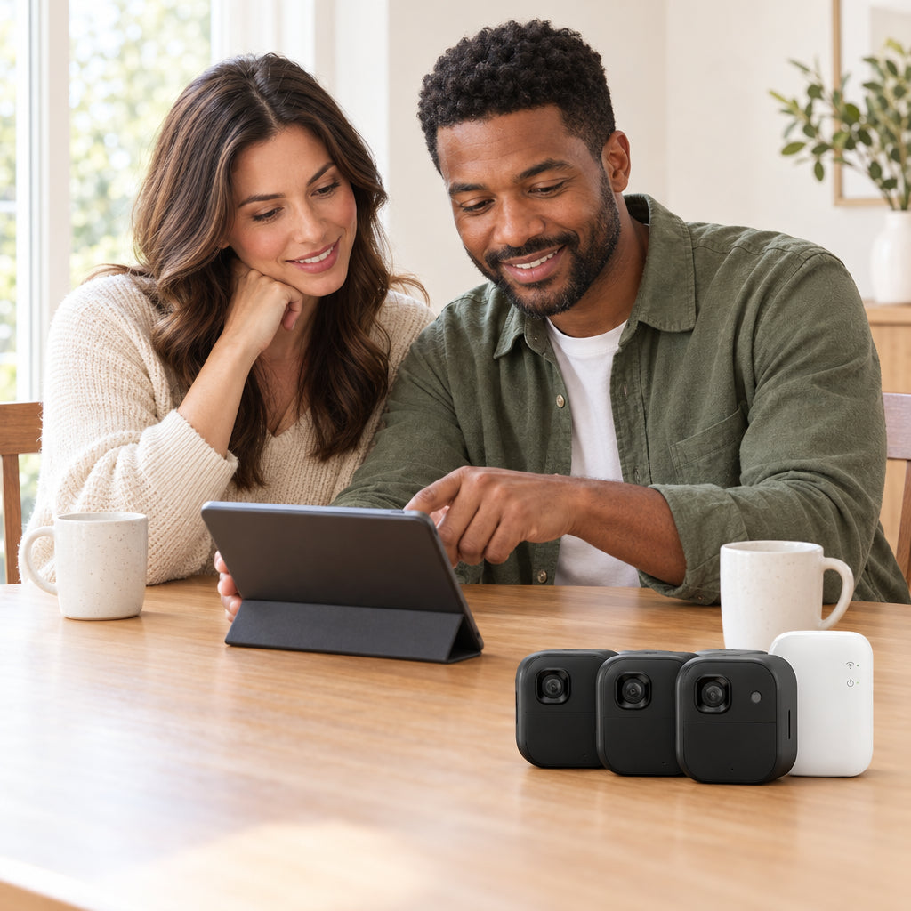 Wireless Outdoor Security Camera Designed, couple seated at a dining table, one pointing at a tablet screen
