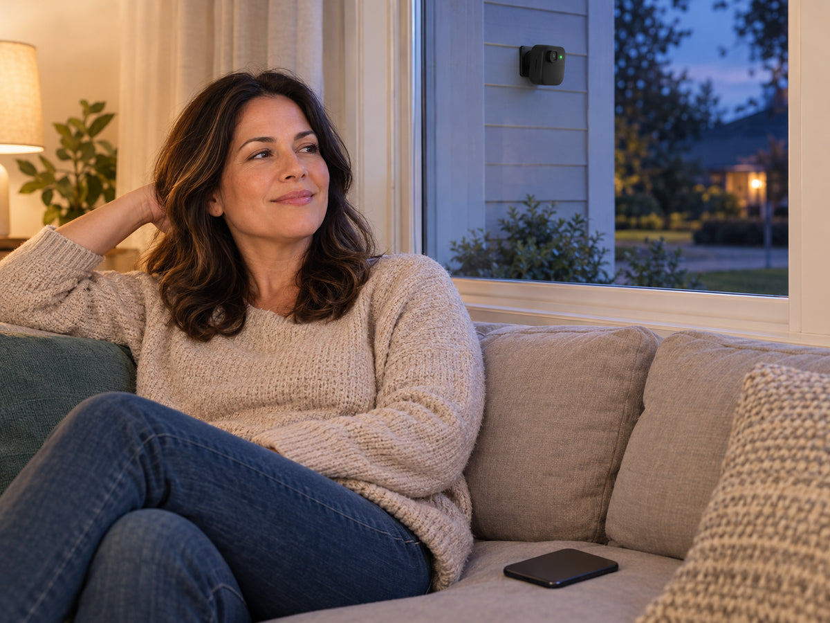 Wireless Outdoor Security Camera Designed, woman sitting comfortably on a couch, phone face-down on cushion beside her