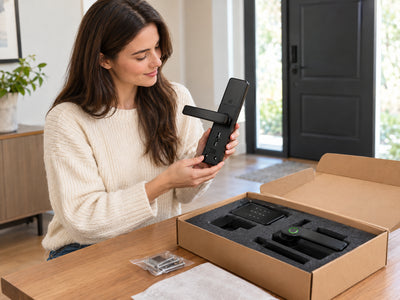 Biometric Fingerprint Door Lock Black Smart Lock App Remote, a person unpacking or carefully checking it