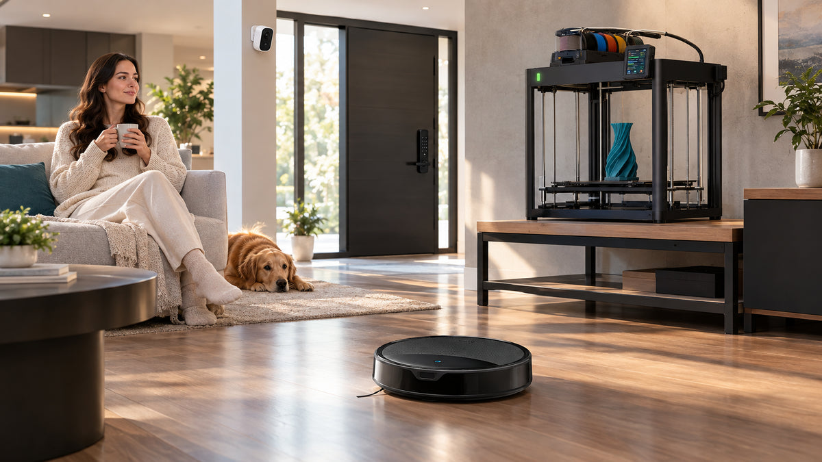Modern living room with a robot vacuum gliding across dark hardwood floors