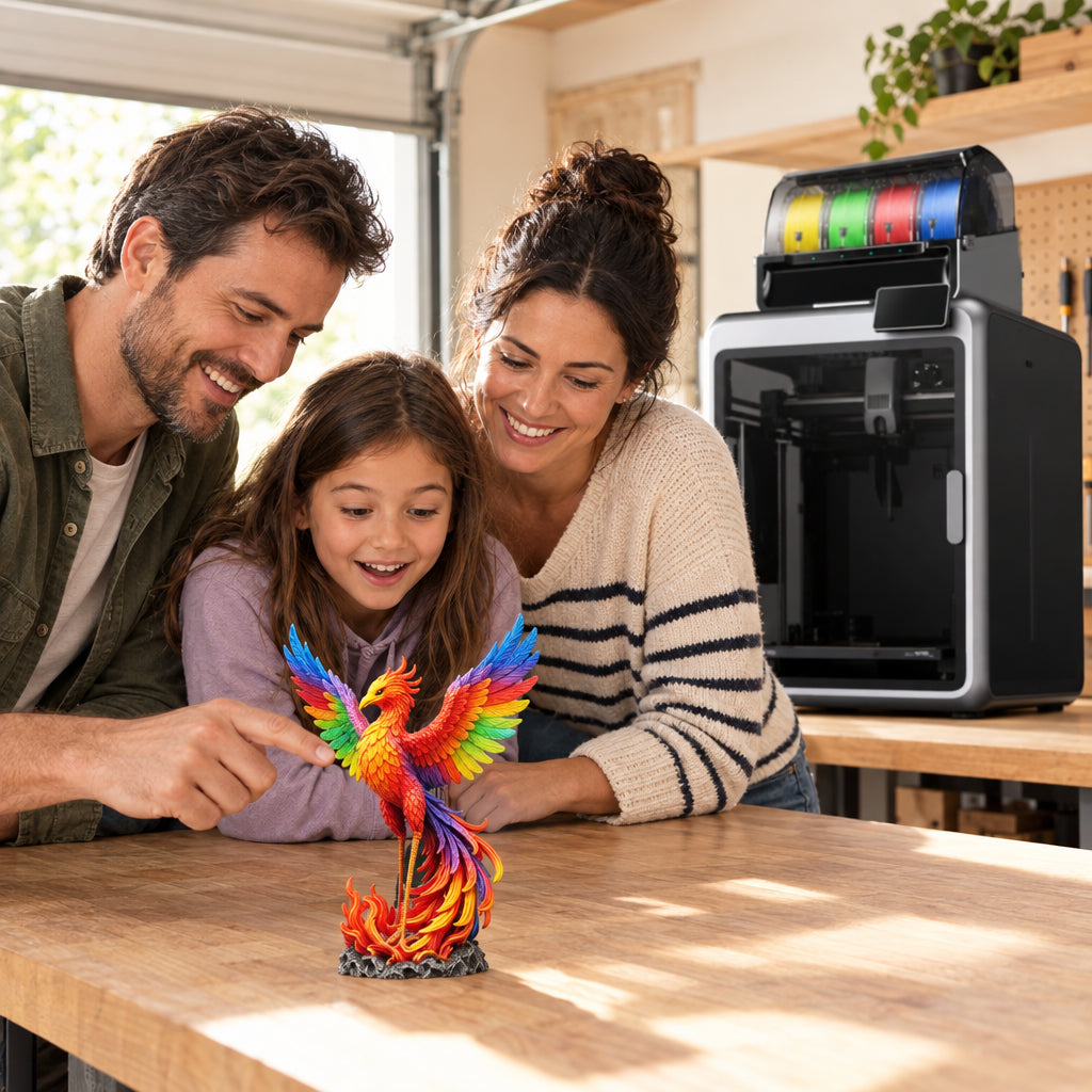 Multicolor 3D Printer Engineered, two adults and a child gathered around a workbench