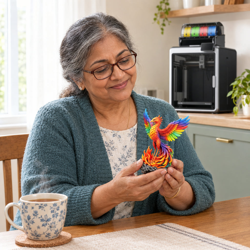 Multicolor 3D Printer Engineered, older woman cradling a small, intricately multicolored printed object in both hands