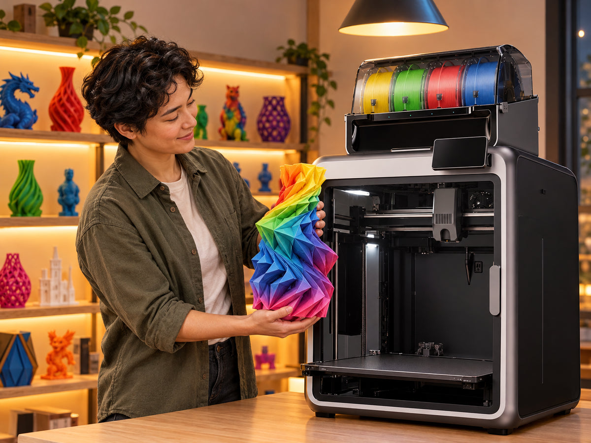 Multicolor 3D Printer Engineered, person lifting a vibrant multicolor geometric sculpture off the print bed with both hands