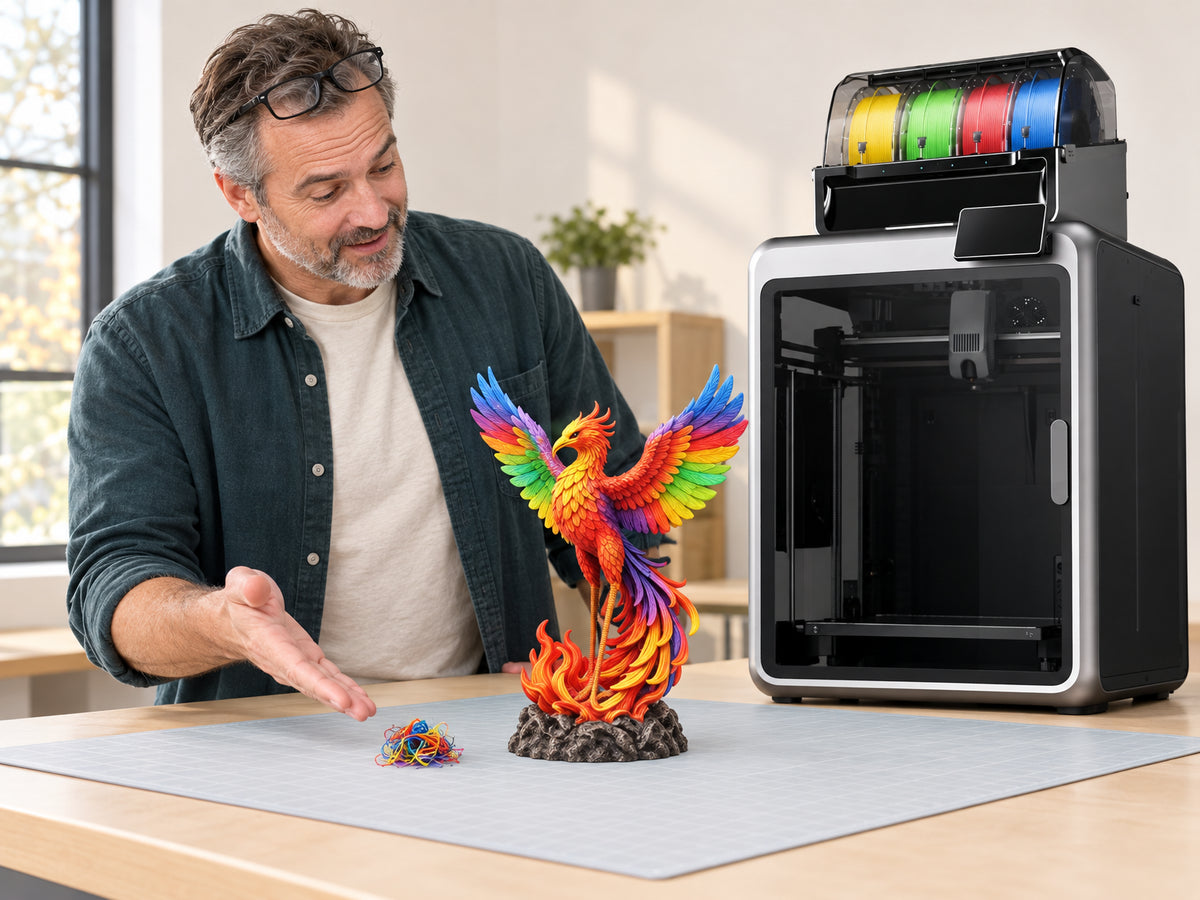Multicolor 3D Printer Engineered, person comparing the small pile of purge material next to a large, complex multicolor print