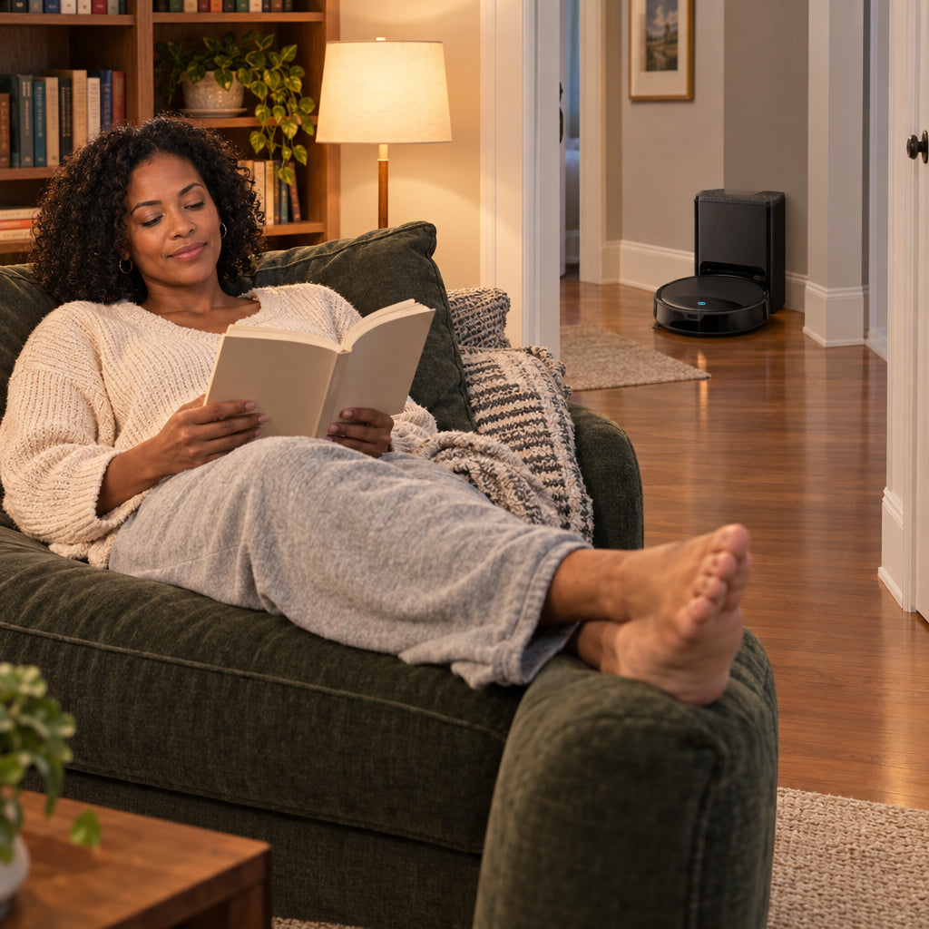Robot Vacuum and Mop Designed, woman stretched out on a sofa reading a book, bare feet up, completely at ease