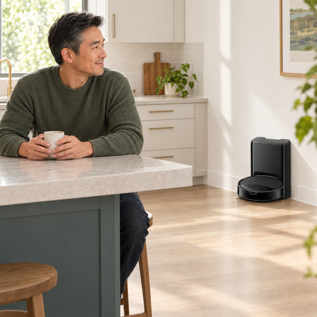 Robot Vacuum and Mop Designed, man sitting alone at a kitchen island with a mug, relaxed posture