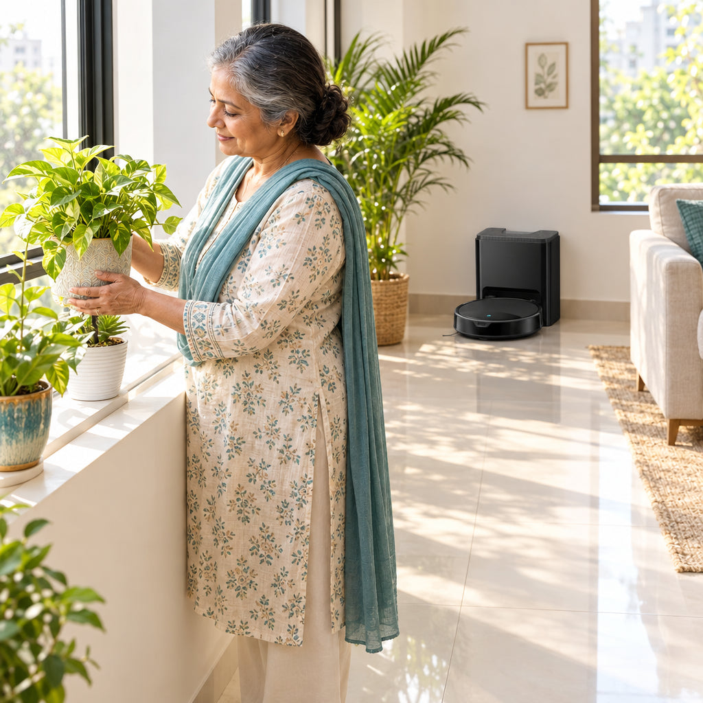 Robot Vacuum and Mop Designed, older woman tending to houseplants on a windowsill