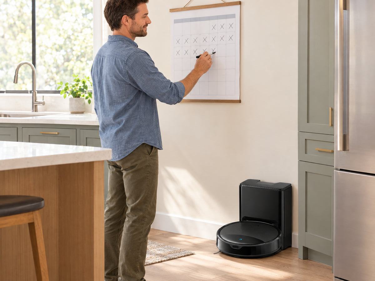 Robot Vacuum and Mop Designed, man crossing days off a wall calendar with a marker