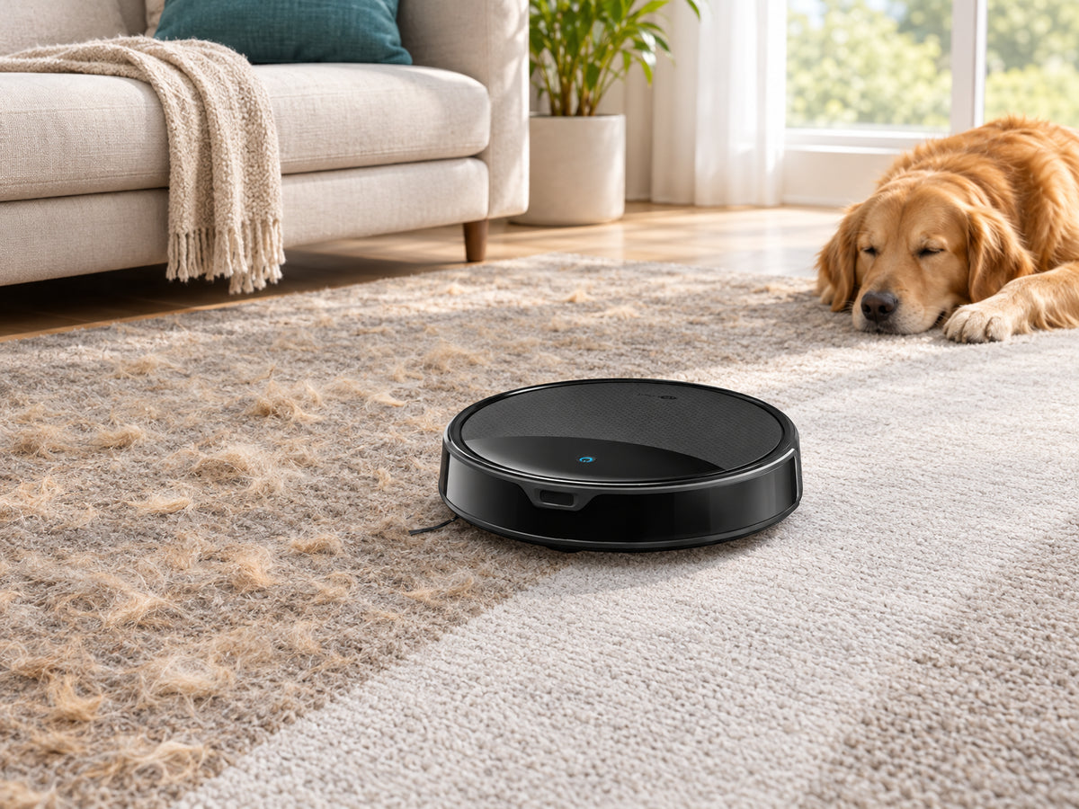 Robot Vacuum and Mop Designed, robot moving across a rug while a dog rests nearby, carpet visibly clean in the robot's wake