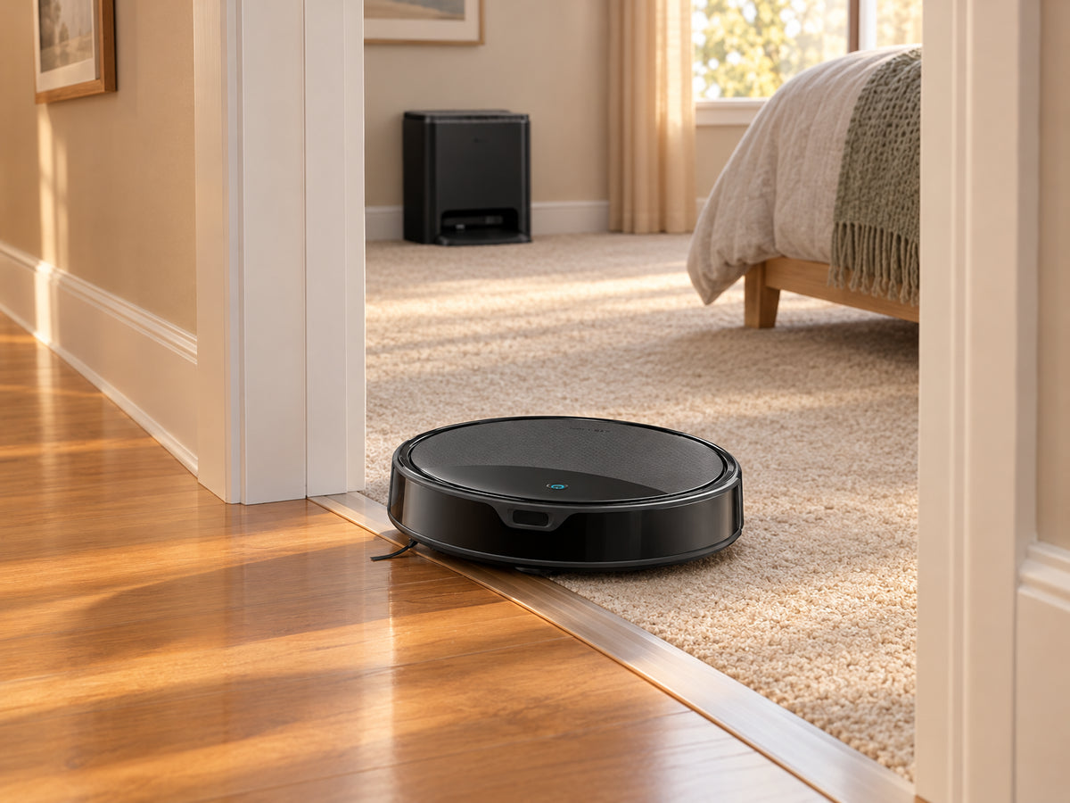 Robot Vacuum and Mop Designed, robot crossing a doorway threshold from a hallway into a bedroom without pausing