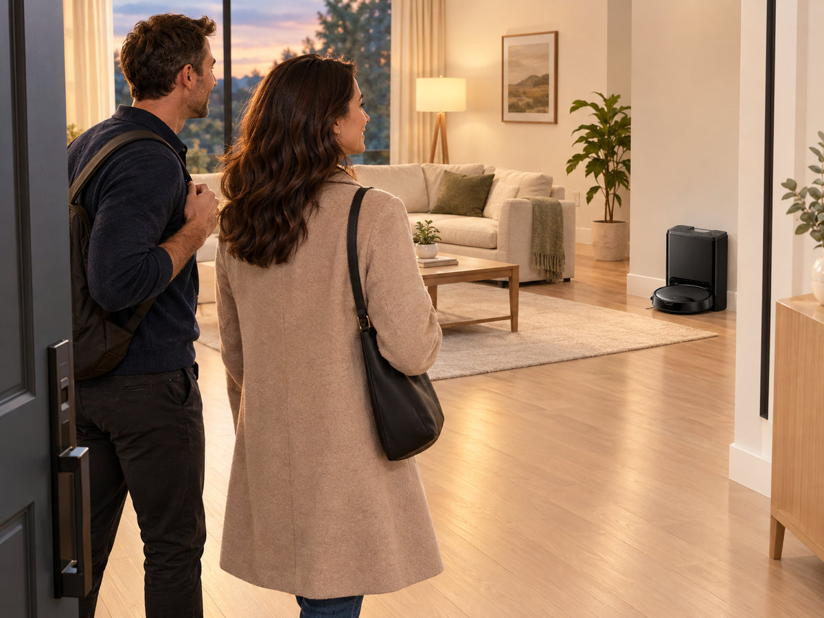 Robot Vacuum and Mop Designed, couple walking in through the front door to a visibly clean, quiet home