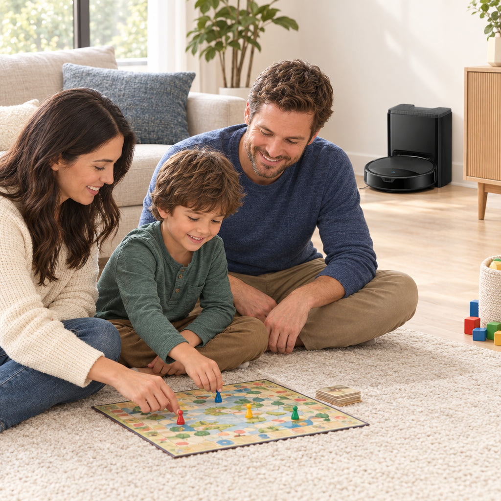 Robot Vacuum and Mop Designed, couple and young child playing a board game on a clean living room rug