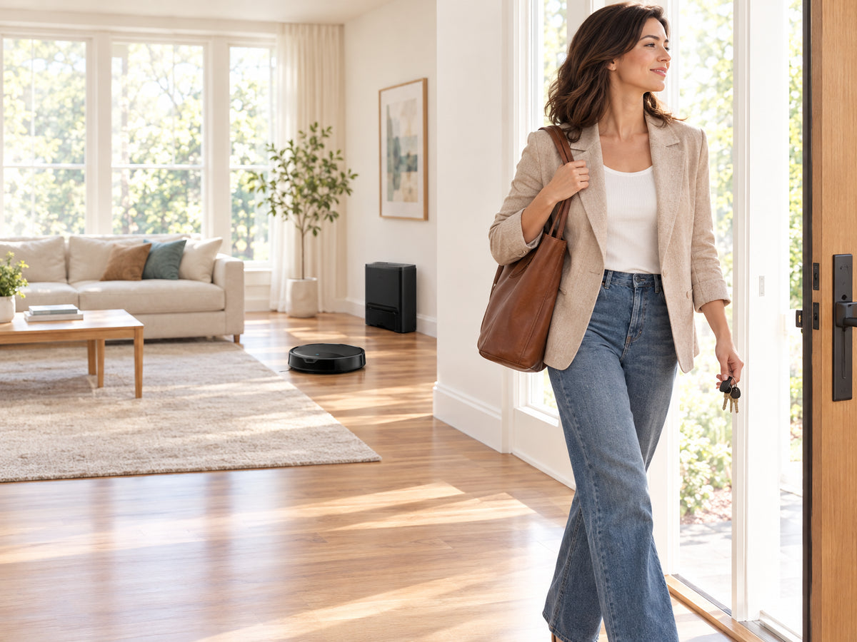 Robot Vacuum and Mop Designed, woman walking out the front door with bag over shoulder, not looking back