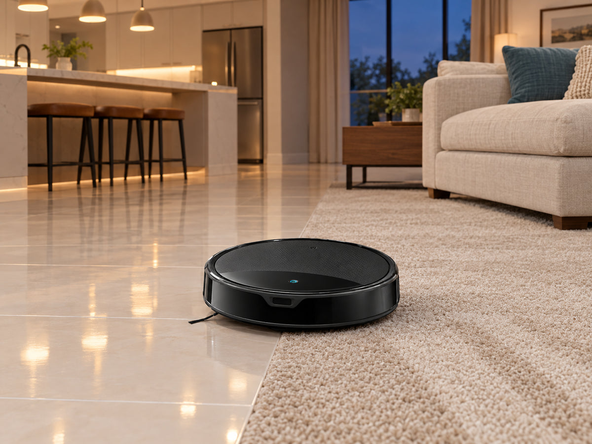 Robot Vacuum and Mop Designed, robot crossing the boundary between a tiled kitchen floor and a carpeted living room