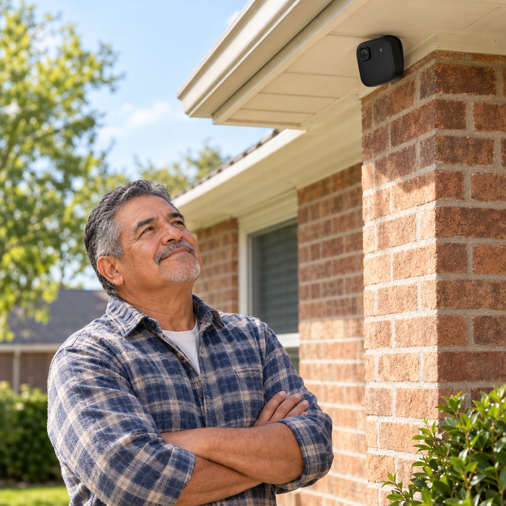 Wireless Outdoor Security Camera Designed, older man standing at front corner of house, looking up at camera mounted on eave