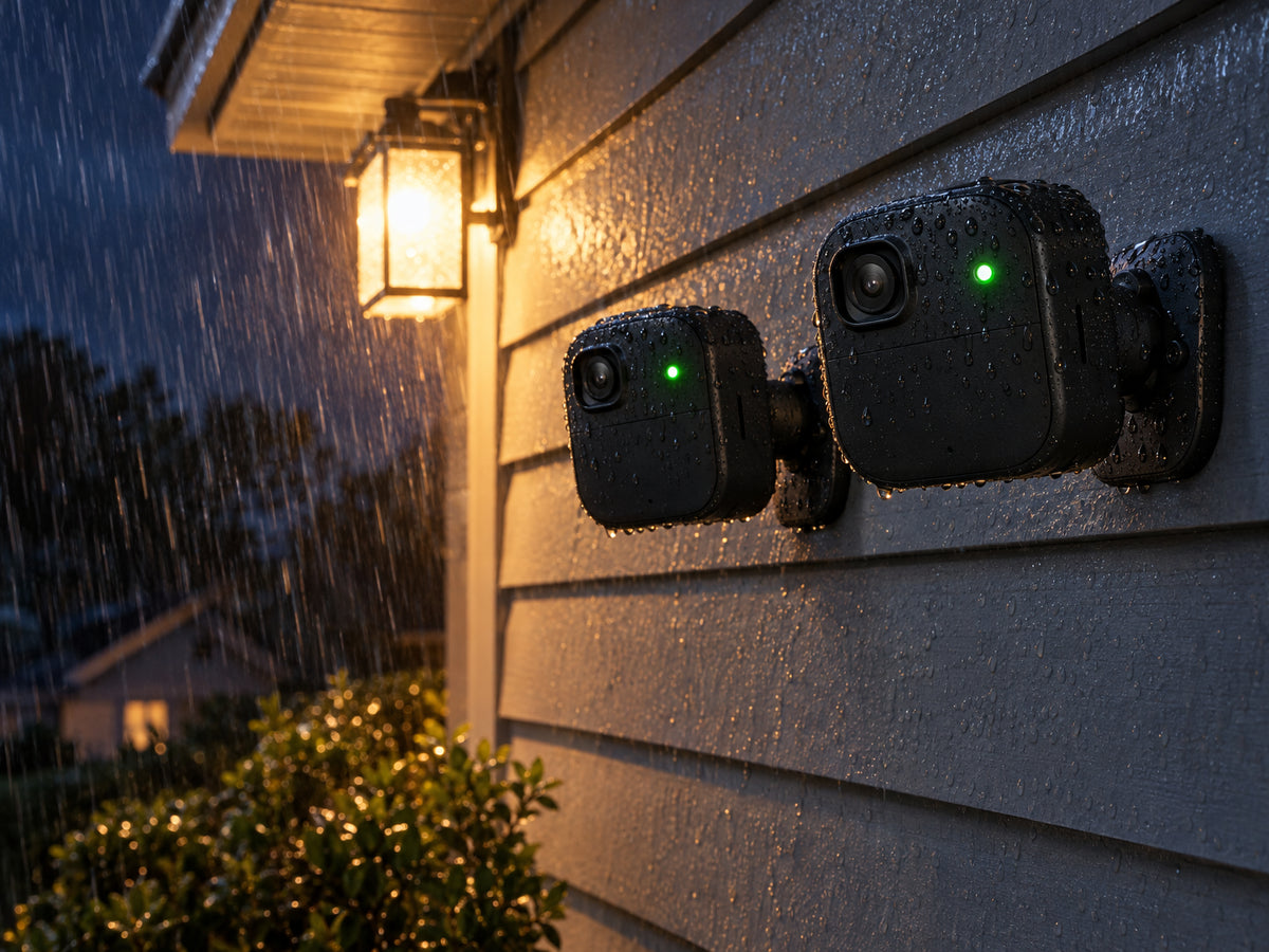 Wireless Outdoor Security Camera Designed, cameras mounted on exterior wall, rain falling