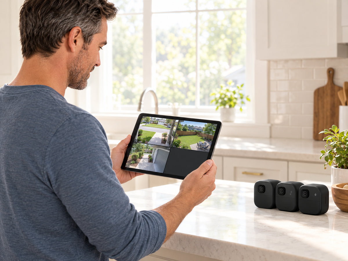 Wireless Outdoor Security Camera Designed, man holding a tablet, a single app interface open showing a multi-camera grid